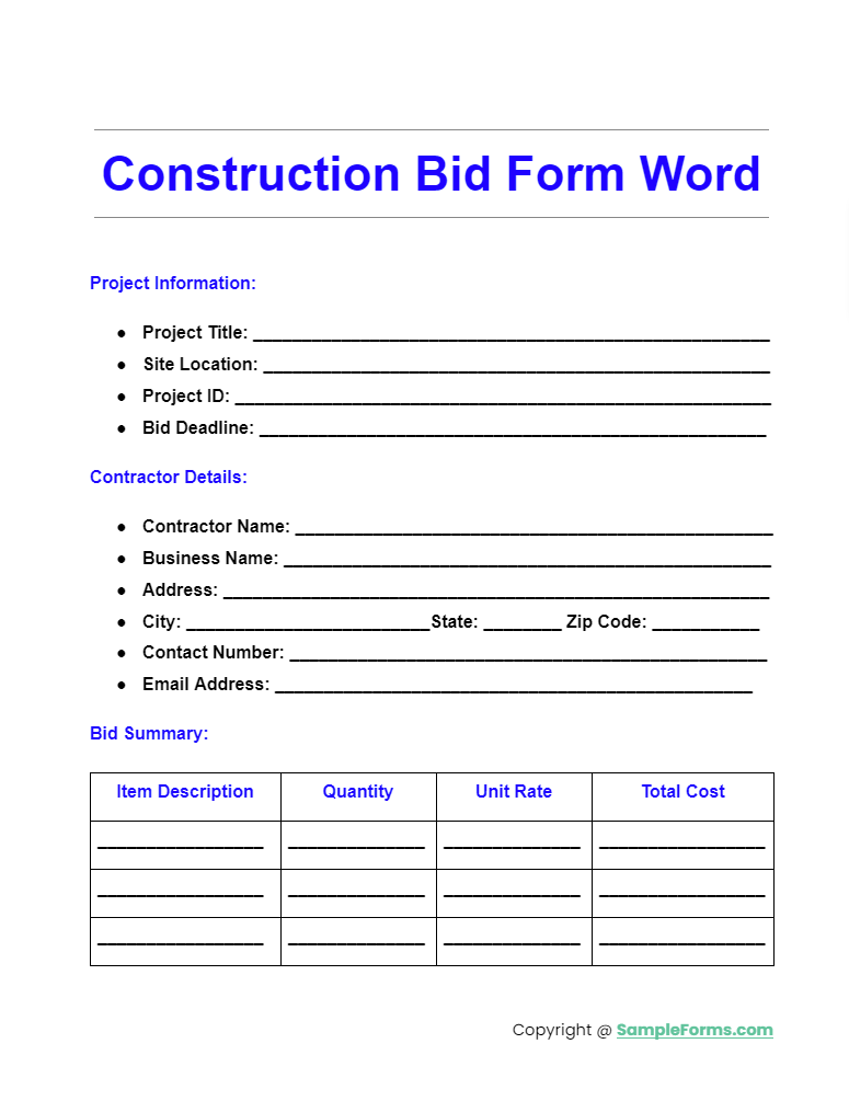 construction bid form word