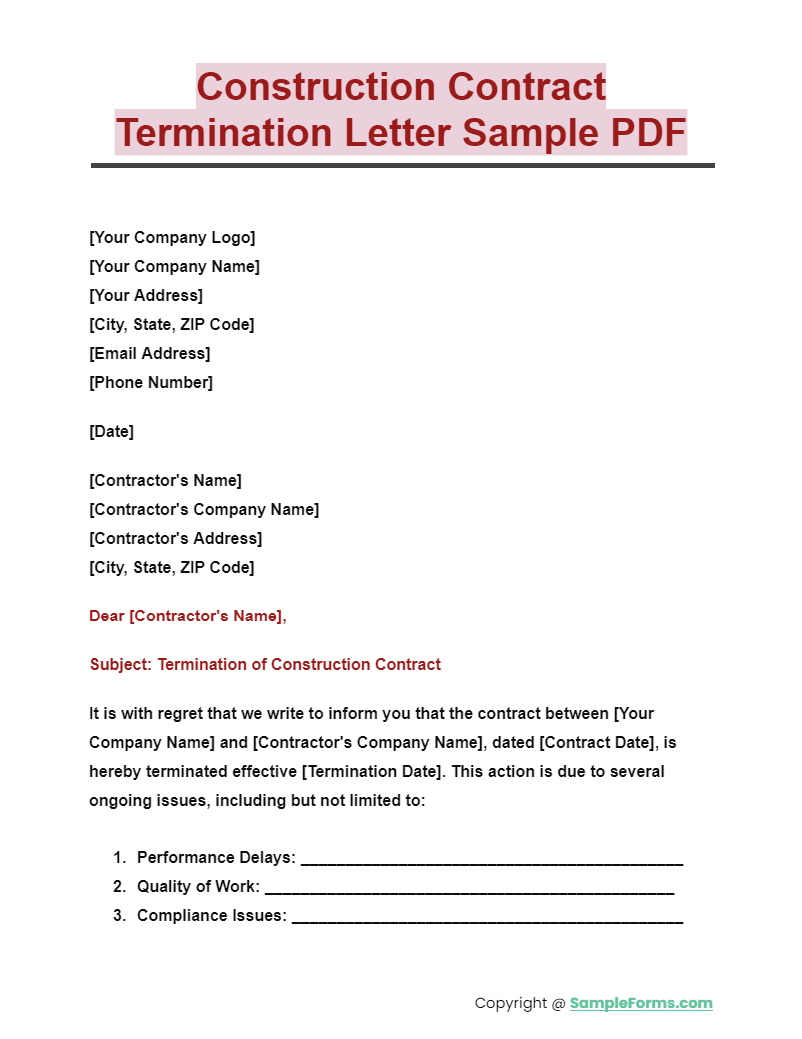 construction contract termination letter sample pdf