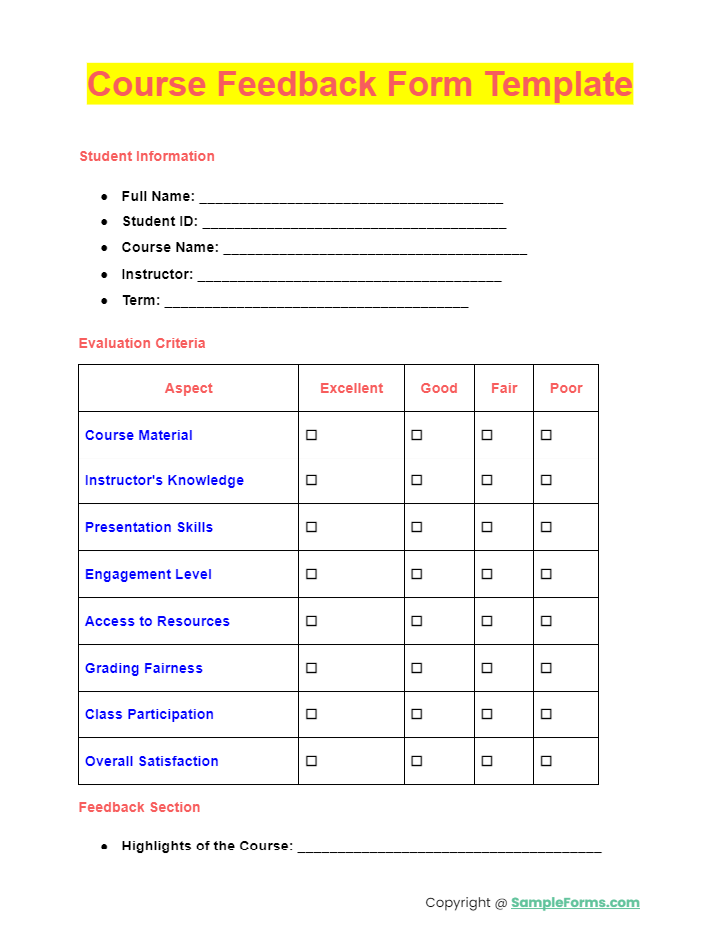 course feedback form template