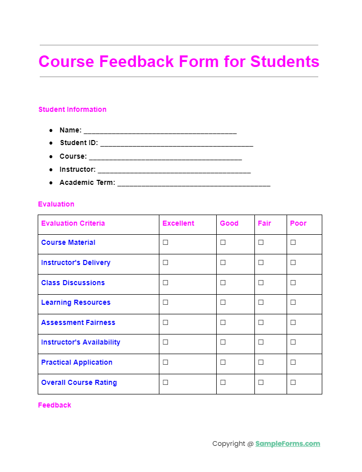 course feedback form for students
