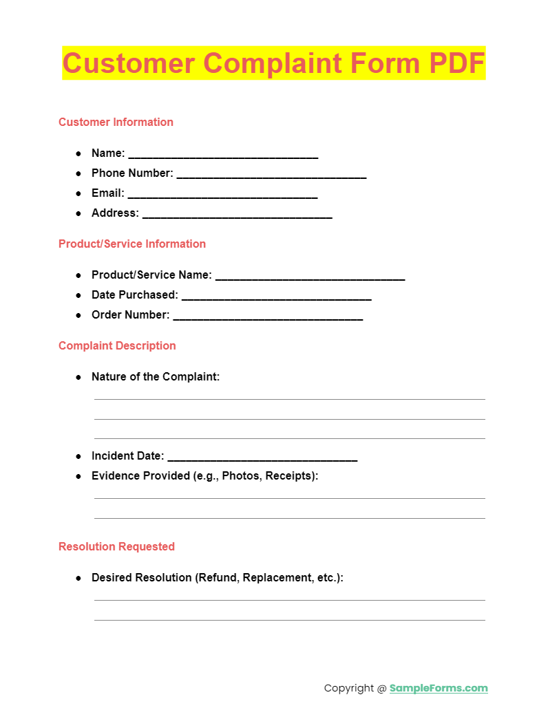 customer complaint form pdf