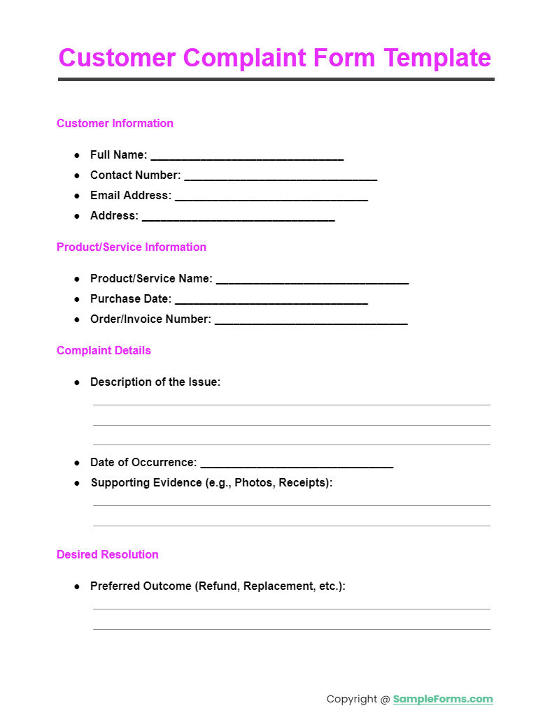 customer complaint form template