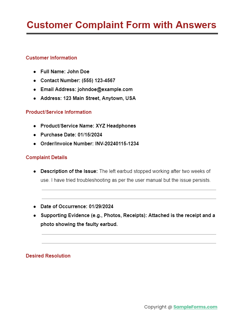 customer complaint form with answers