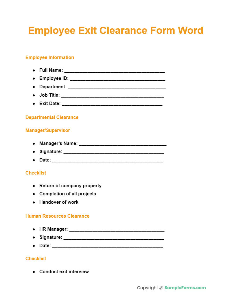 employee exit clearance form word