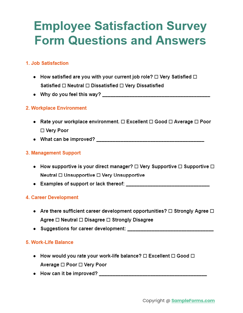 employee satisfaction survey form questions and answers