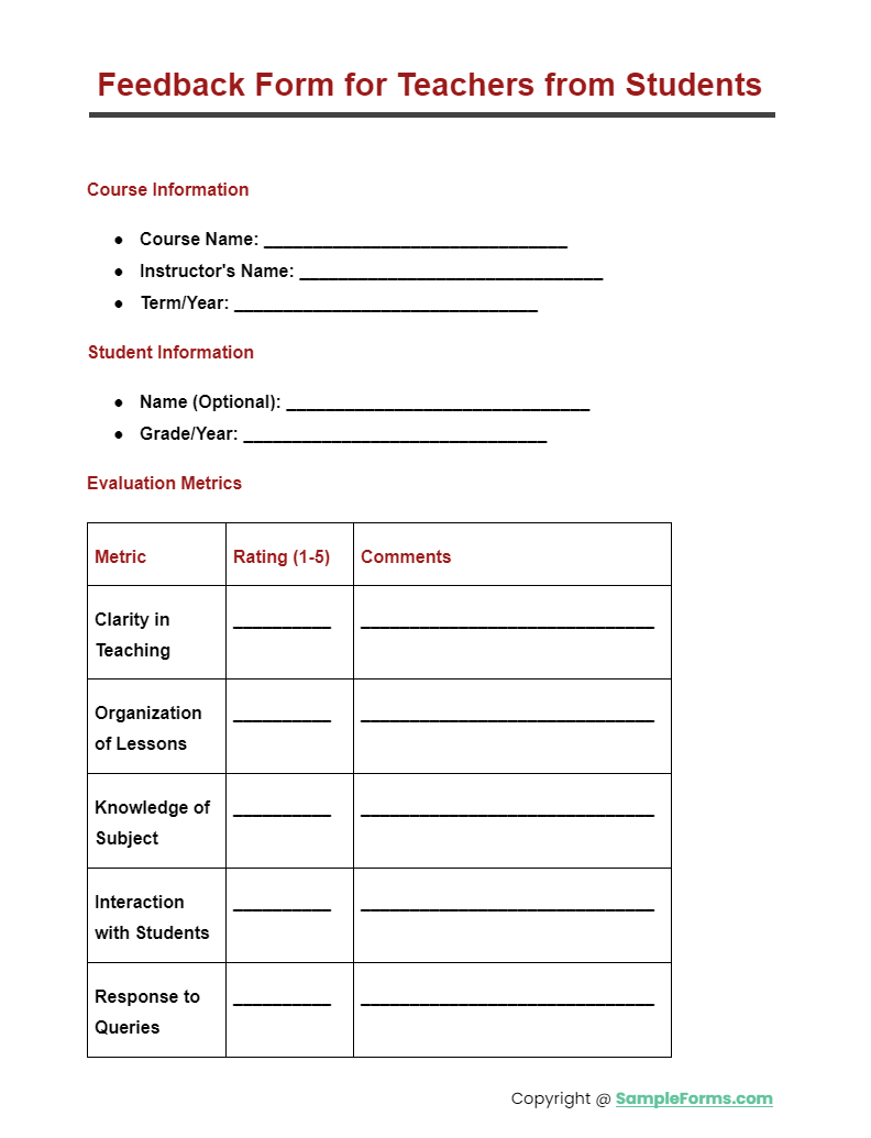 feedback form for teachers from students