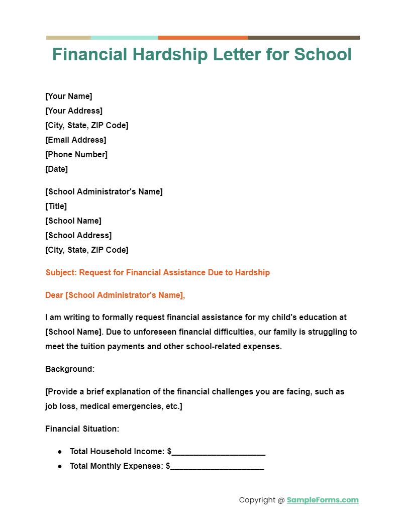 financial hardship letter for school