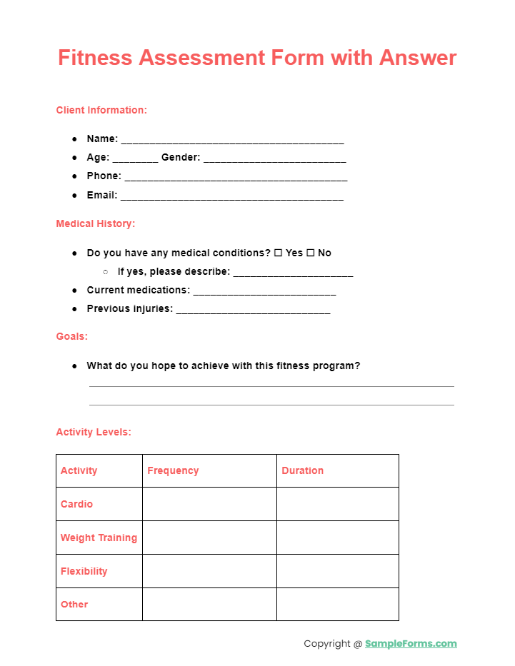 fitness assessment form with answer
