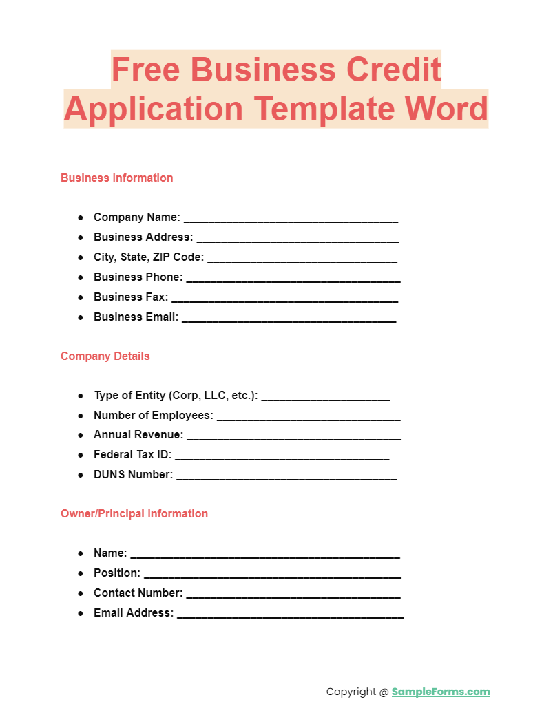 free business credit application template word