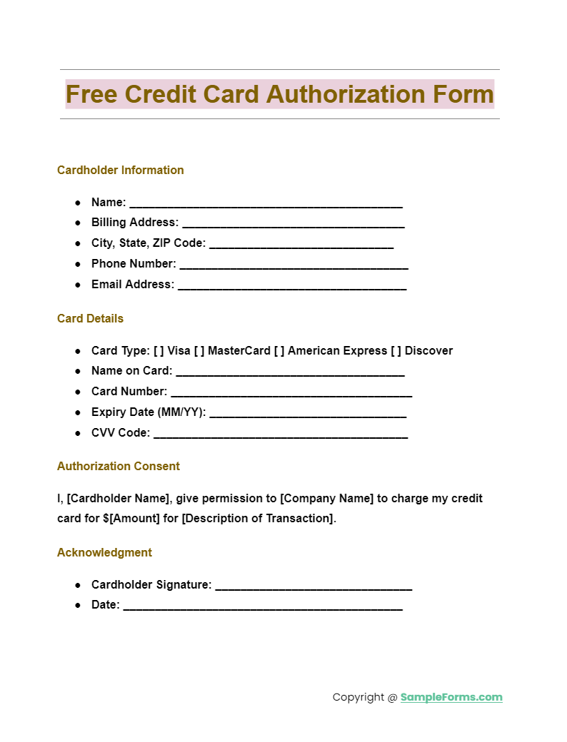 free credit card authorization form