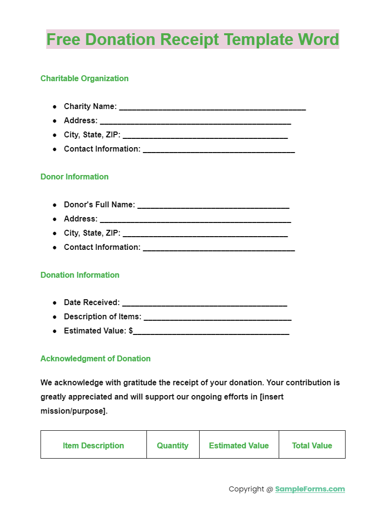 free donation receipt template word