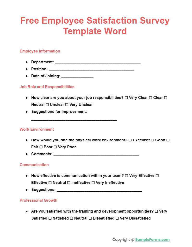 free employee satisfaction survey template word