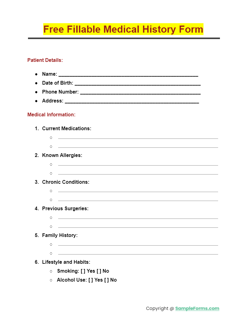 free fillable medical history form