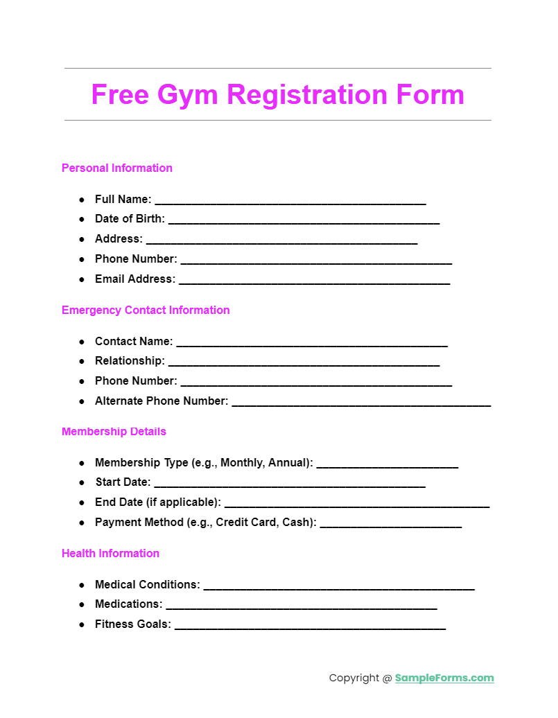 free gym registration form