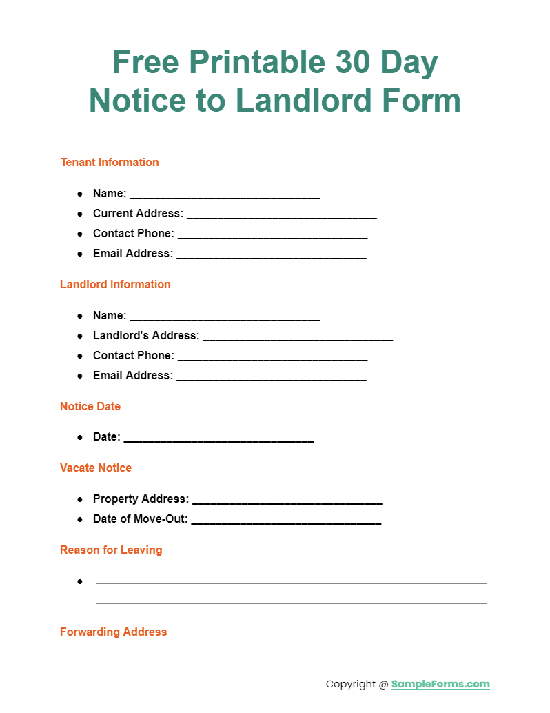 free printable 30 day notice to landlord form