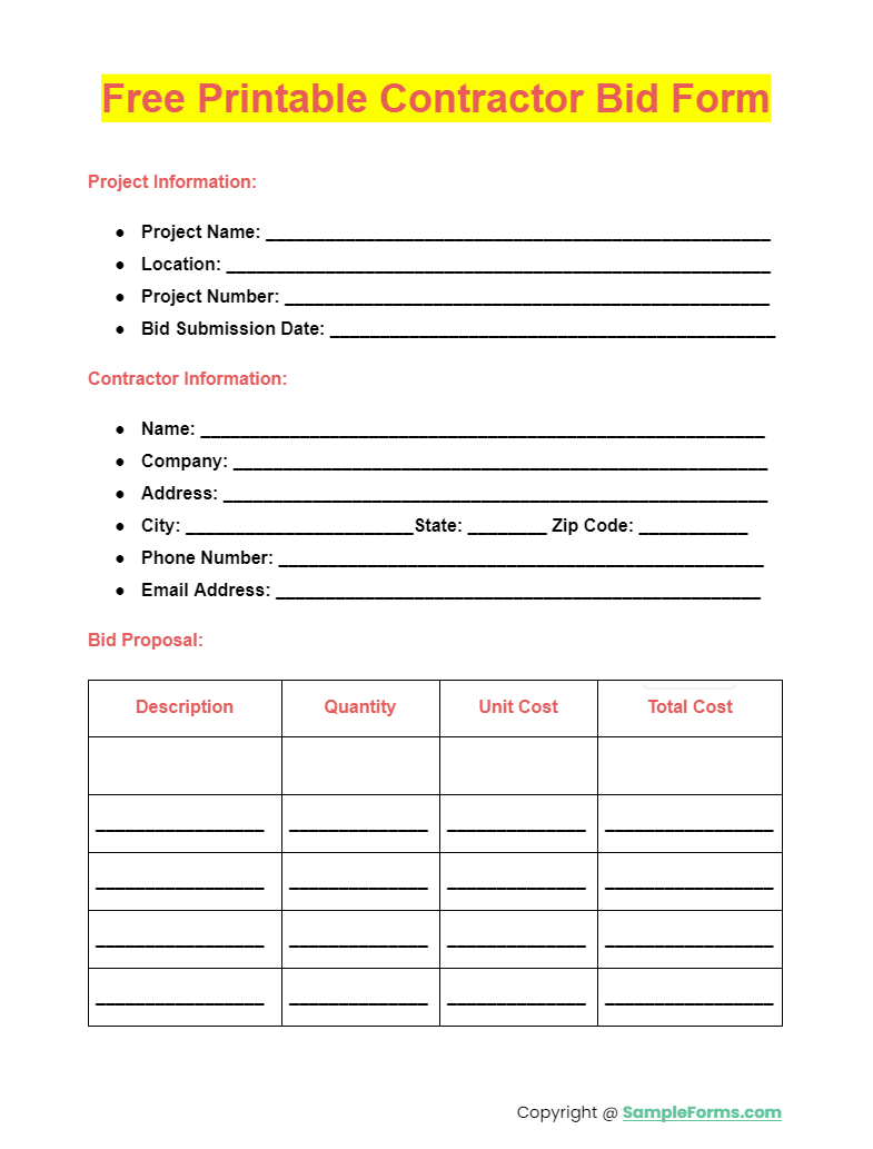 free printable contractor bid form