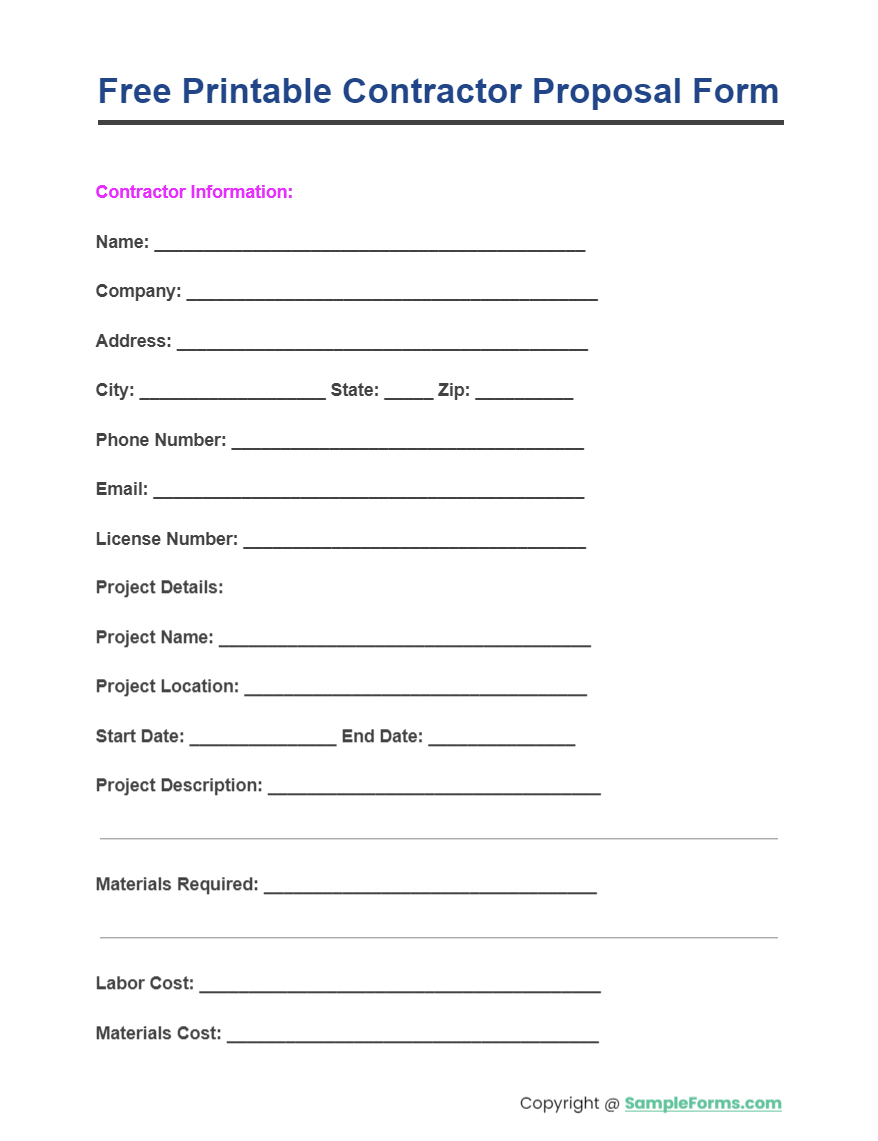 free printable contractor proposal form