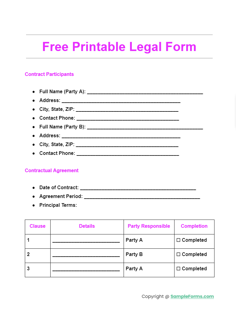 free printable legal form
