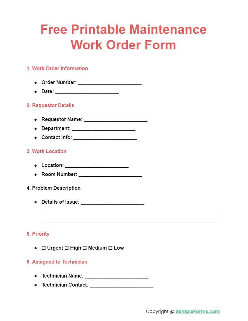 free printable maintenance work order form