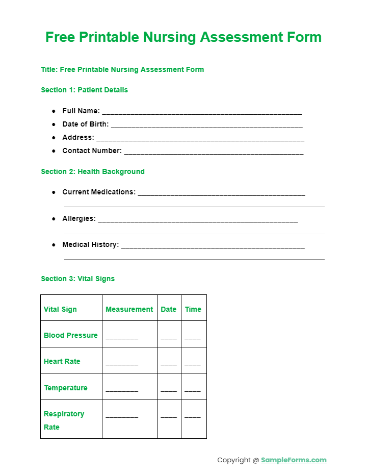 free printable nursing assessment form