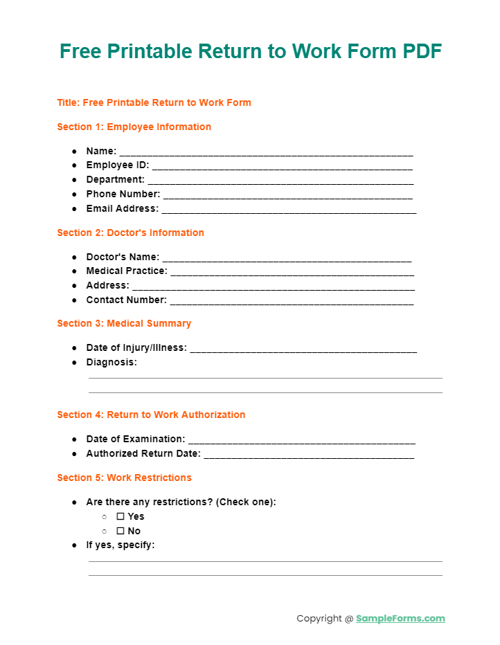free printable return to work form pdf