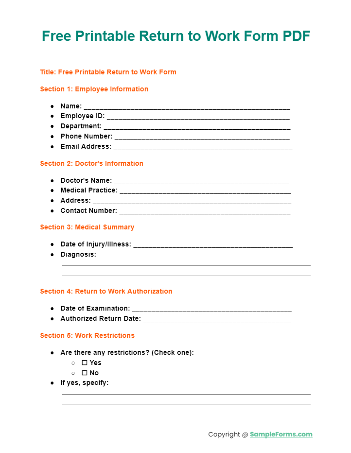 FREE 54+ Return to Work Form Samples, PDF, MS Word, Google Docs