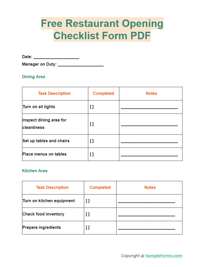 free restaurant opening checklist form pdf