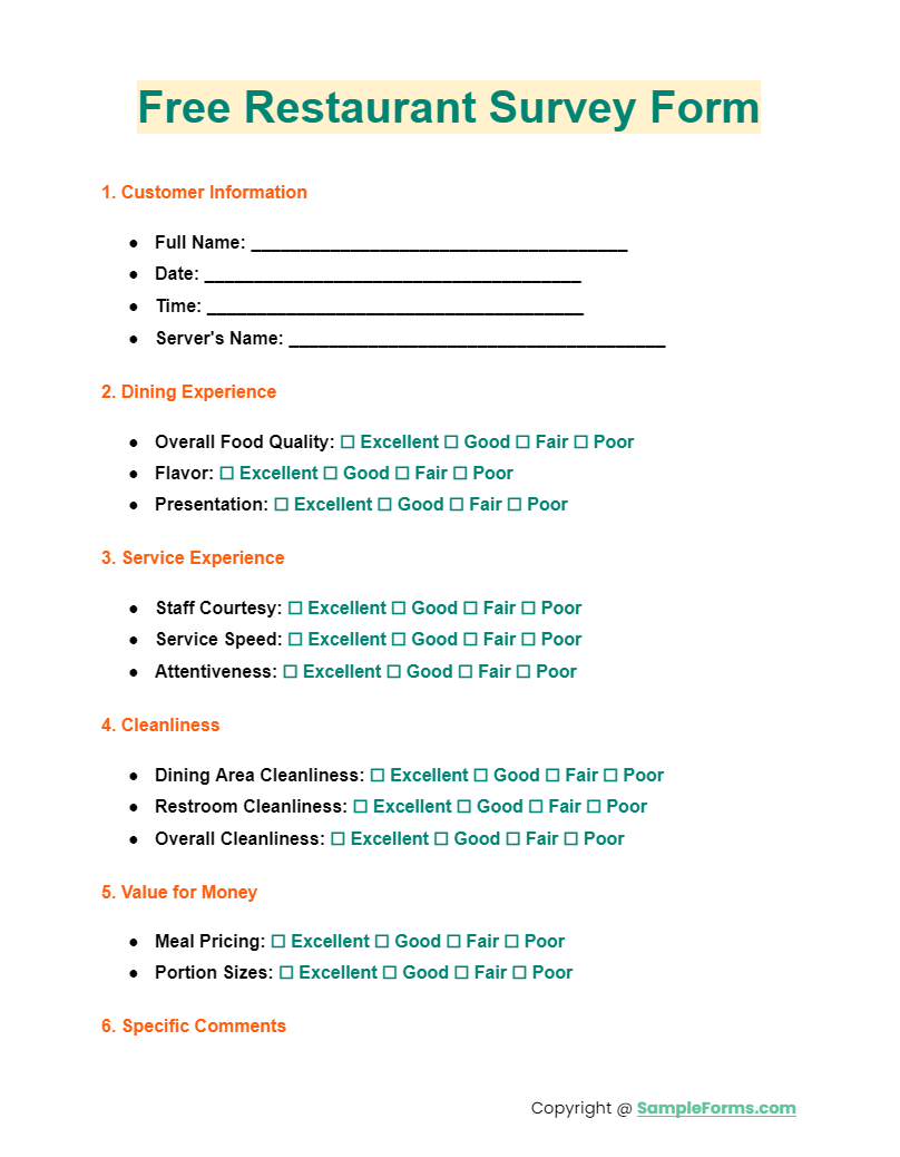 free restaurant survey form