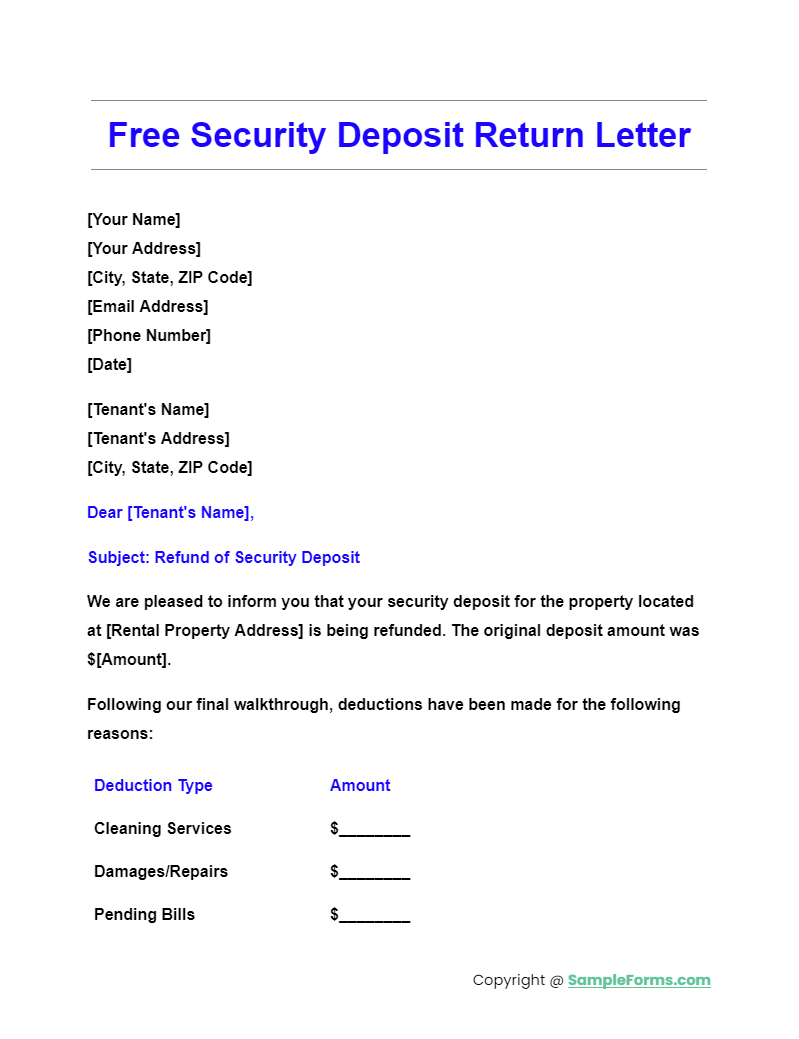 free security deposit return letter