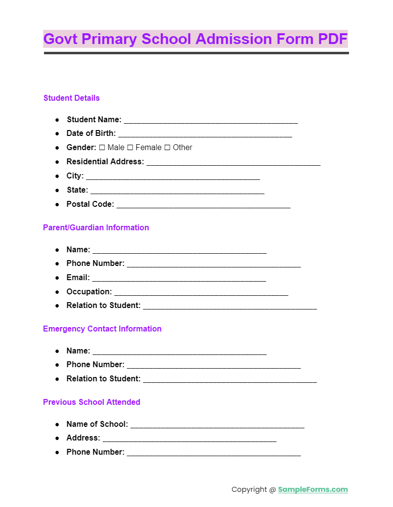 govt primary school admission form pdf