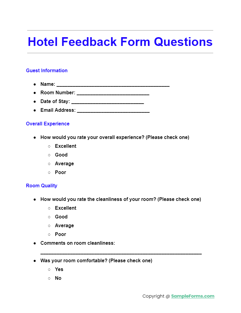 hotel feedback form questions