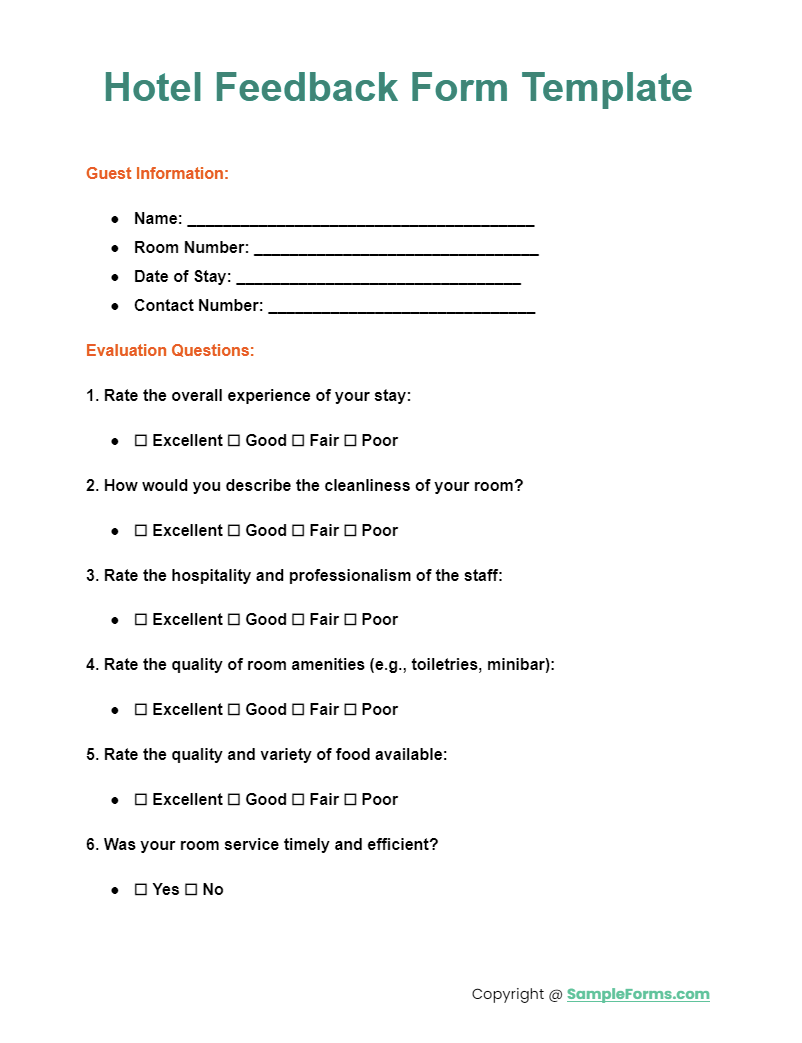 hotel feedback form template