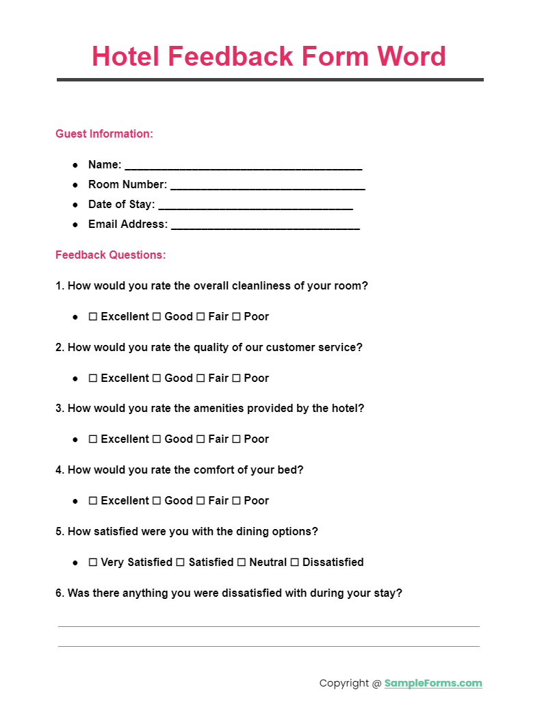 hotel feedback form words