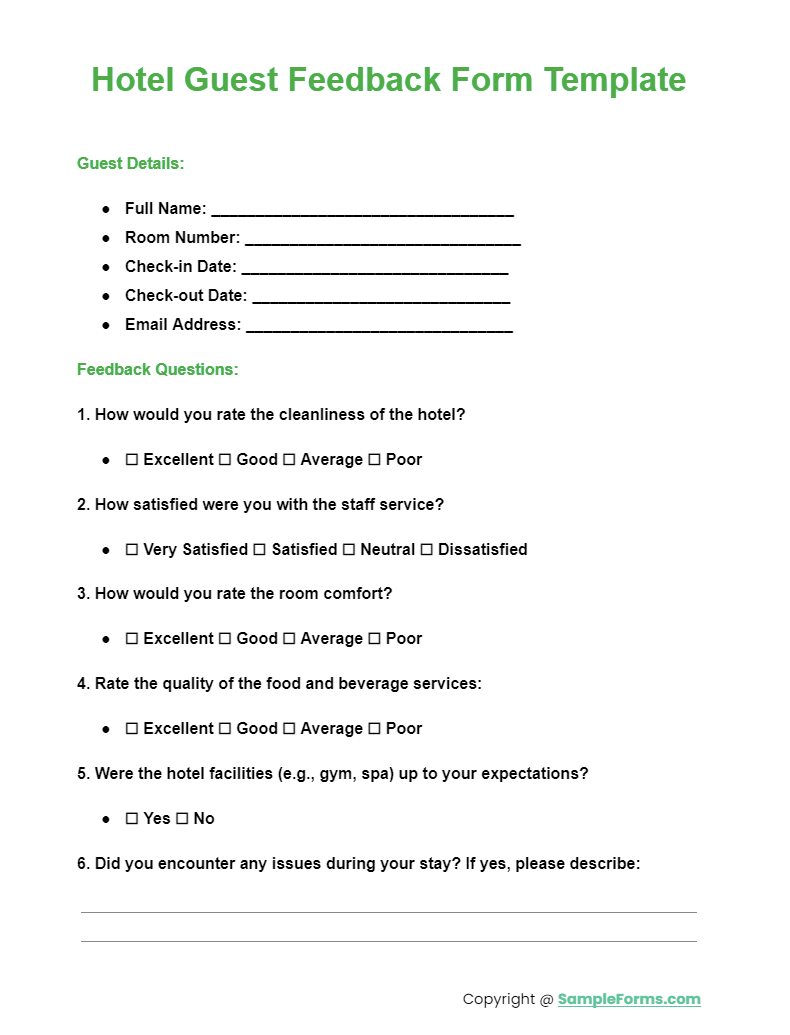 hotel guest feedback form template