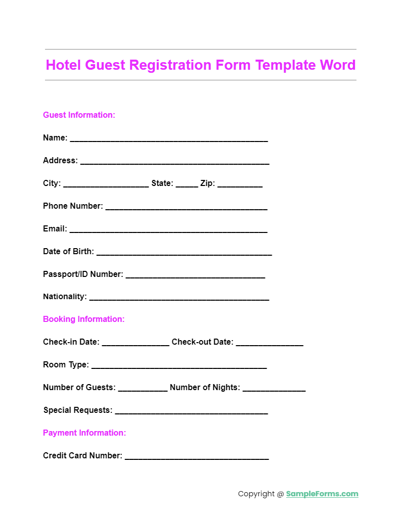 hotel guest registration form template word