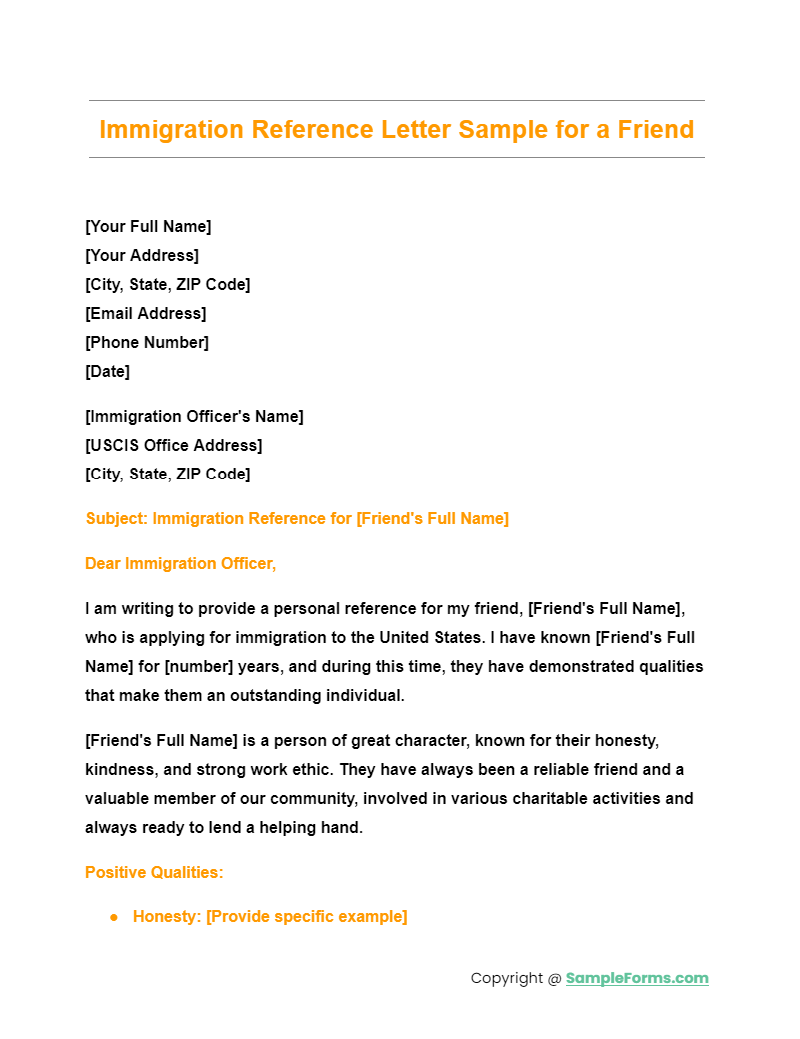 immigration reference letter sample for a friend