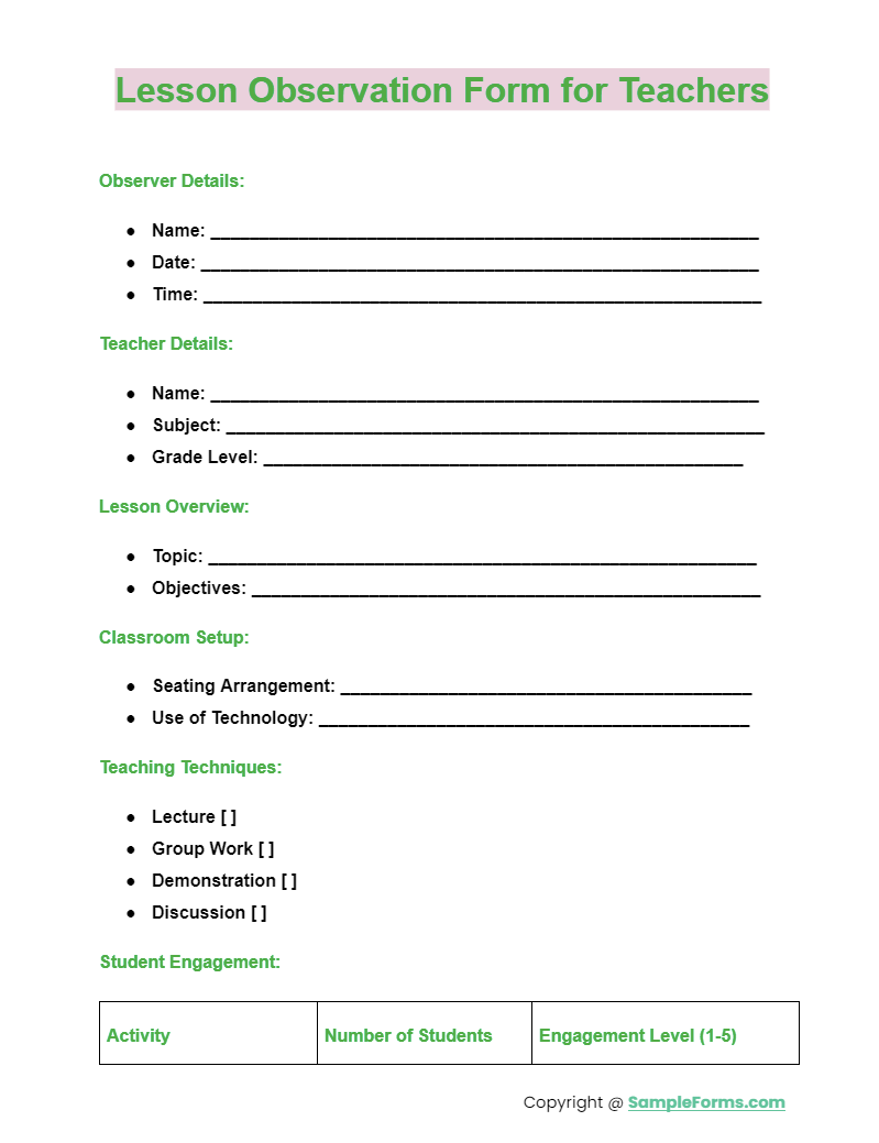 lesson observation form for teachers