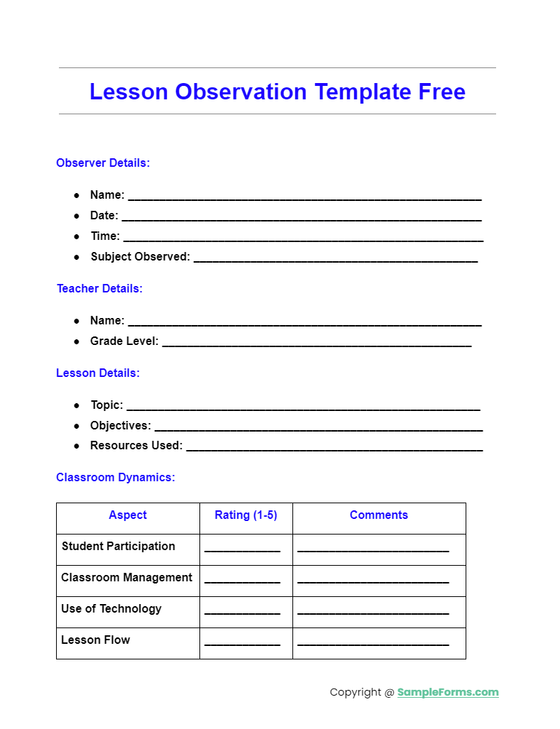 lesson observation template free