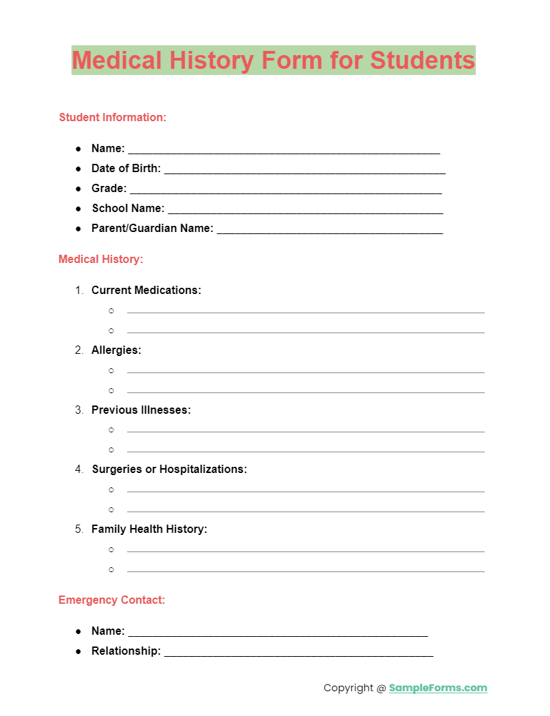medical history form for students