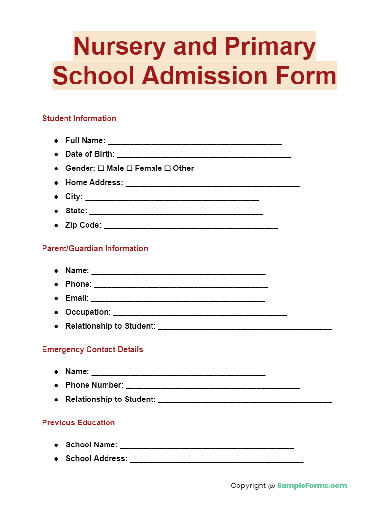 nursery and primary school admission form