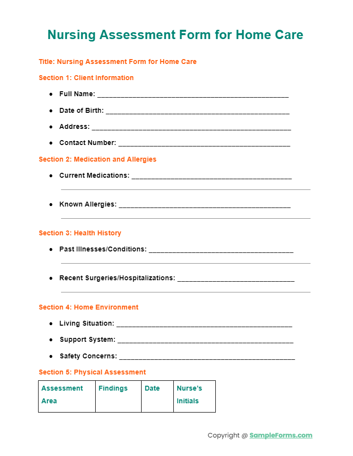nursing assessment form for home care