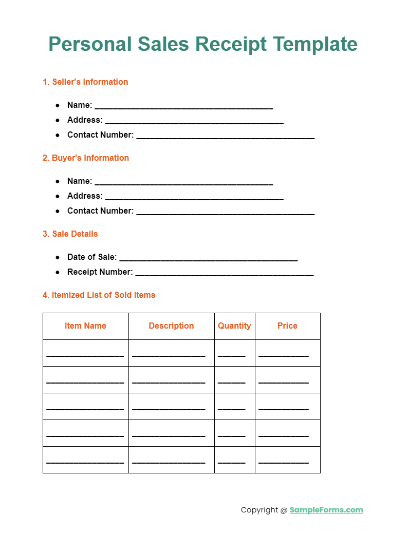 personal sales receipt template
