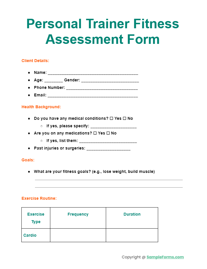personal trainer fitness assessment form