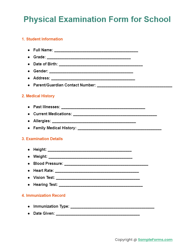 physical examination form for school