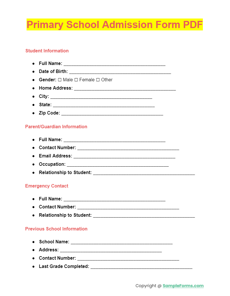 primary school admission form pdf