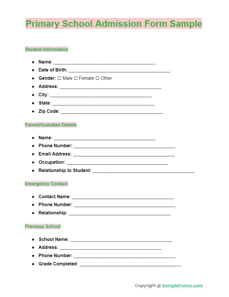 primary school admission form sample