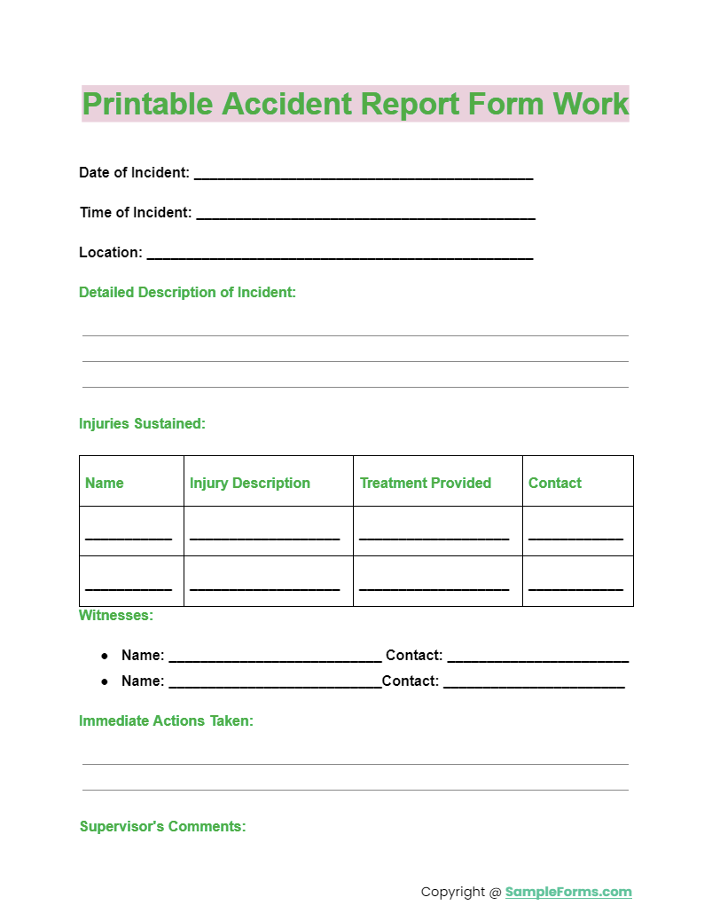 printable accident report form work