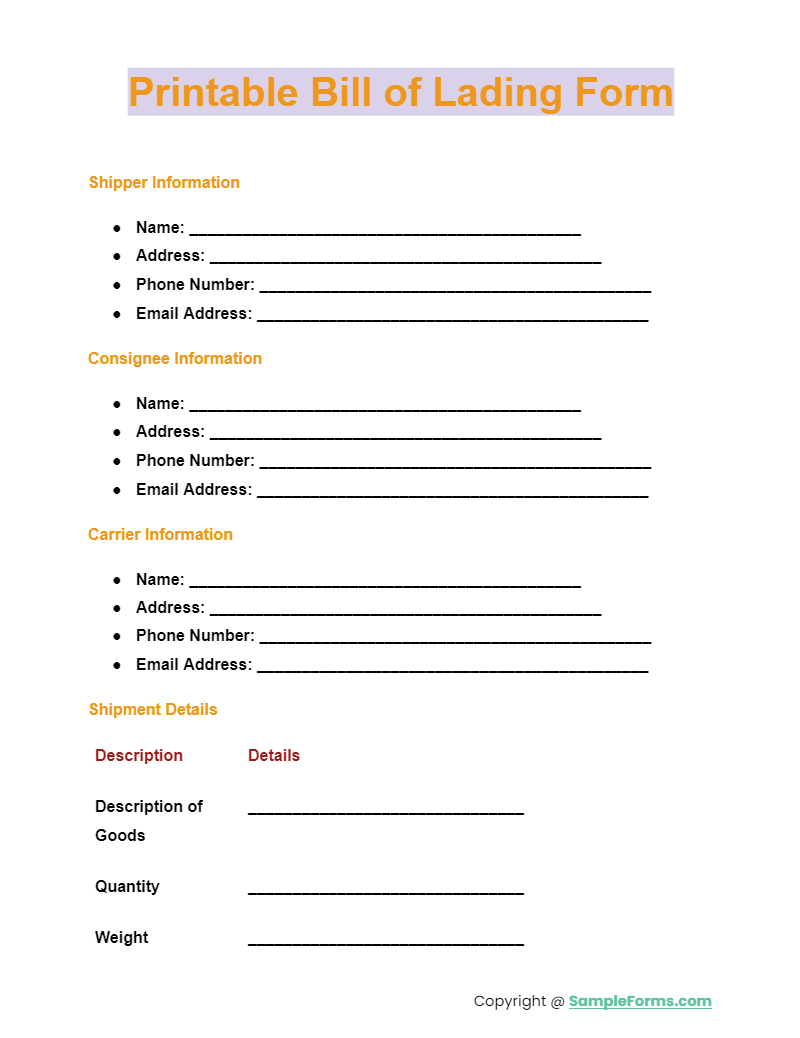 printable bill of lading form