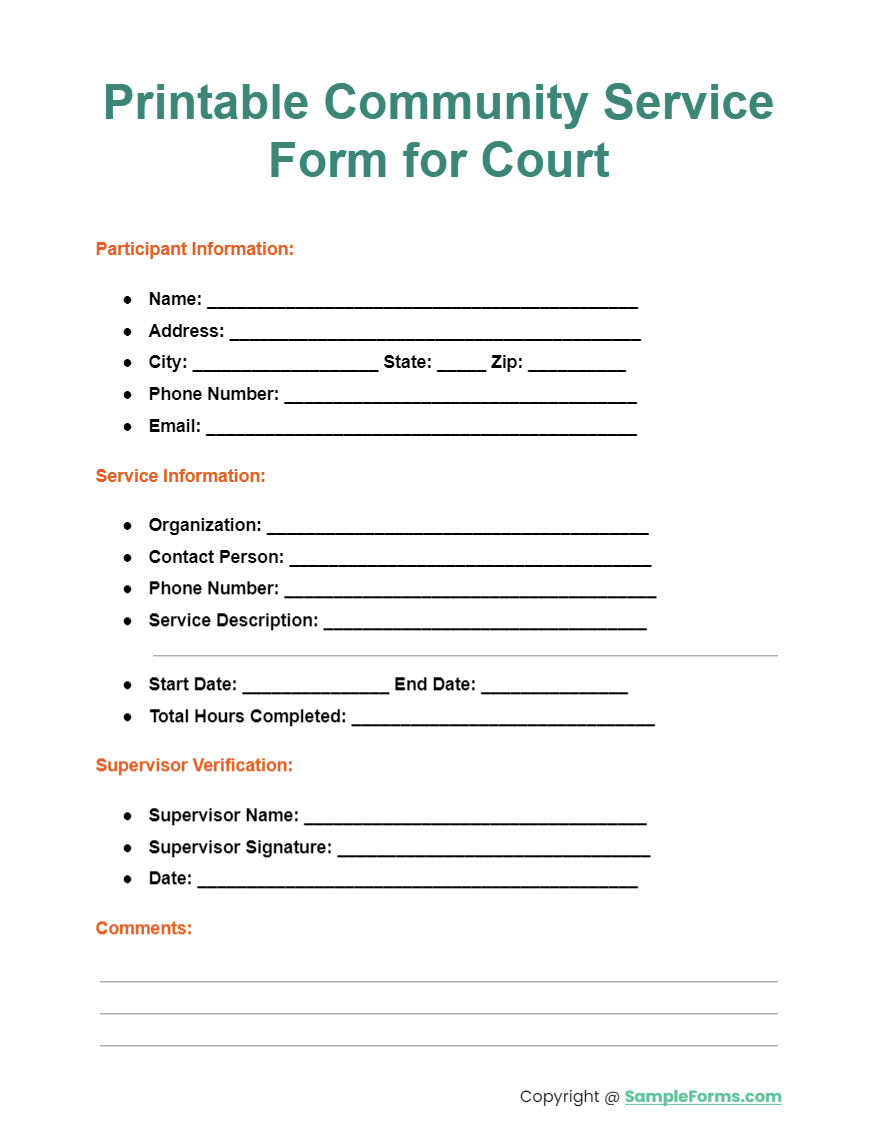 printable community service form for court