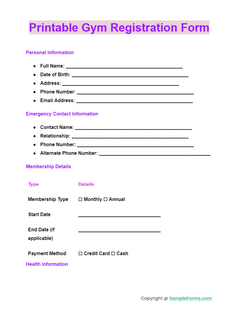 printable gym registration form